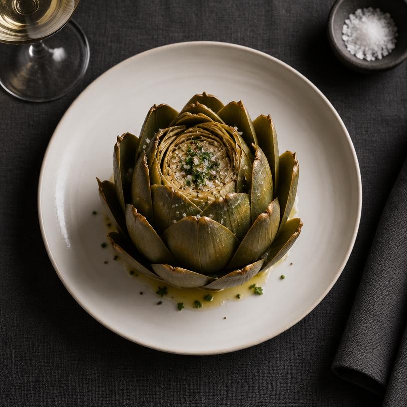 Artichoke served on a white plate